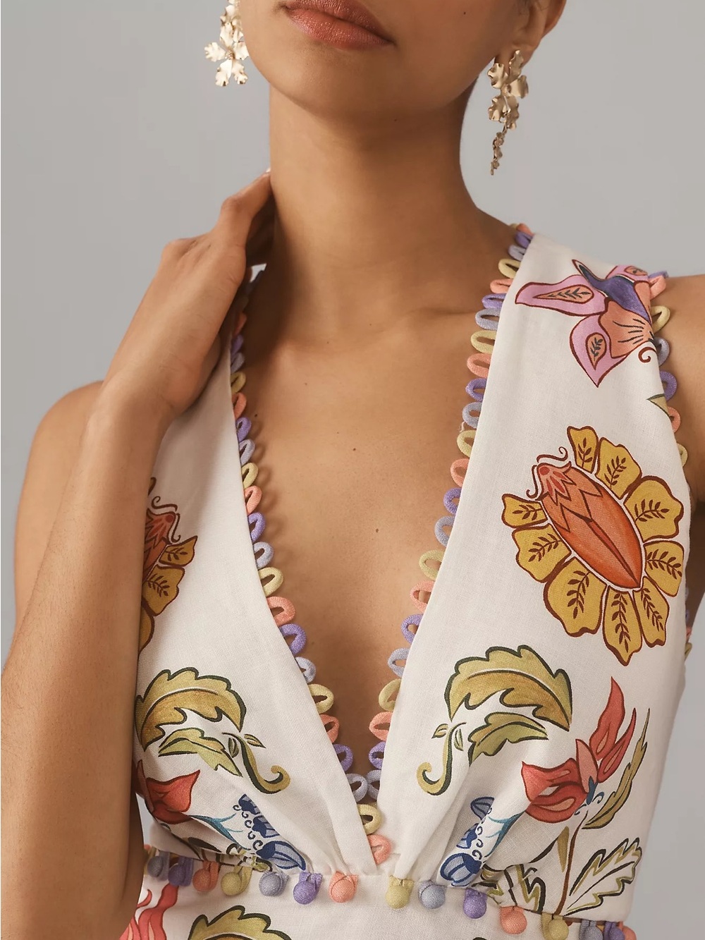 NWT Farm Rio Floral V-Neck Linen Maxi Dress Tulip Peony Butterfly European S - Picture 3 of 3